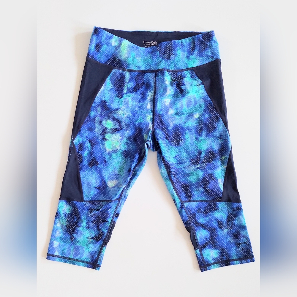 Calvin Klein Performance High Rise Capri Leggings Sz Small Blue Abstract Print